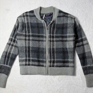 Free People Oh My Plaid Bomber Gray Sz L Full Zip Sweater Wool Alpaca Blend
